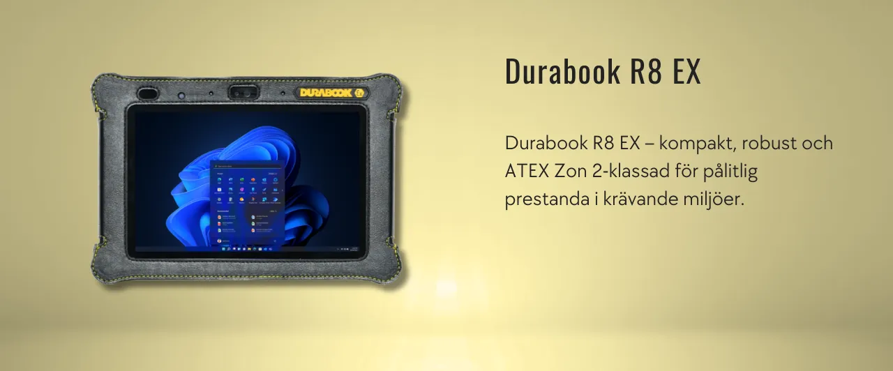 Durabook R8 EX – kompakt, robust och ATEX Zon 2-klassad för pålitlig prestanda i krävande miljöer.