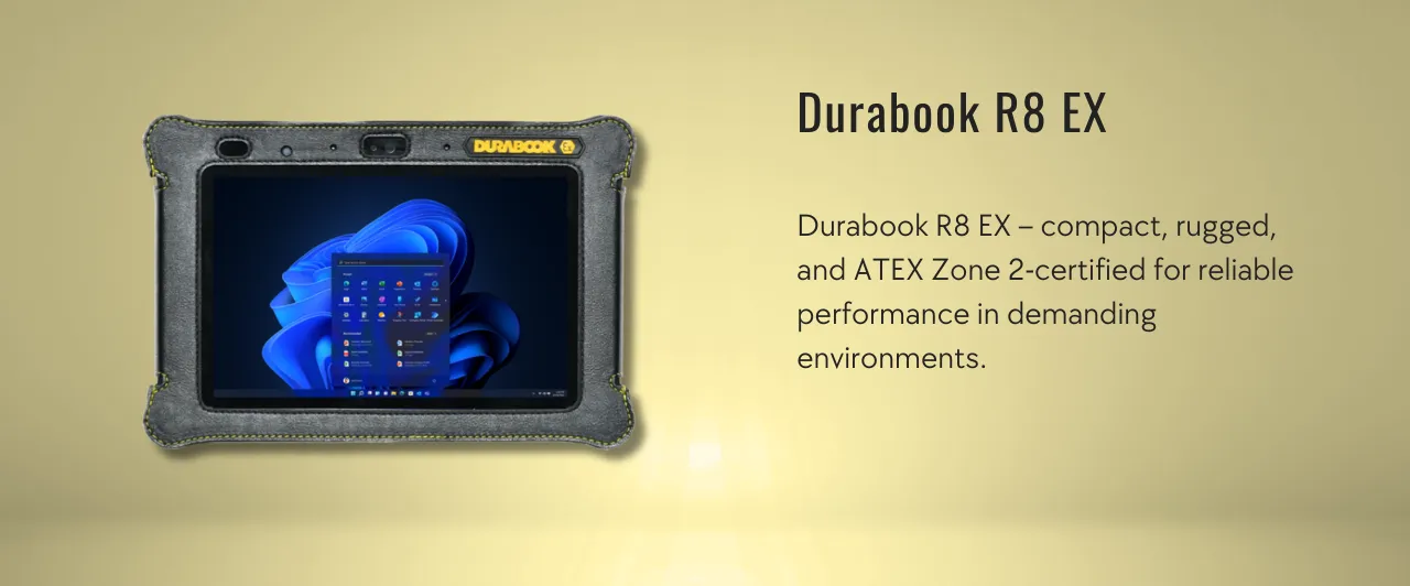 Durabook R8 EX – compact, rugged, and ATEX Zone 2-certified for reliable performance in demanding environments.