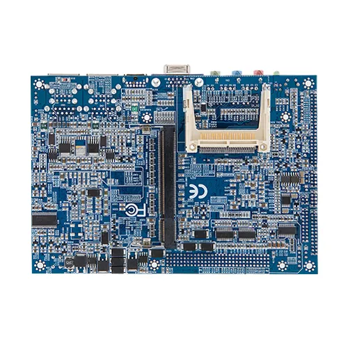 Undersidan av ett EPI-LX800 SoC moderkort med compact flash läsare och RAM minnes socket