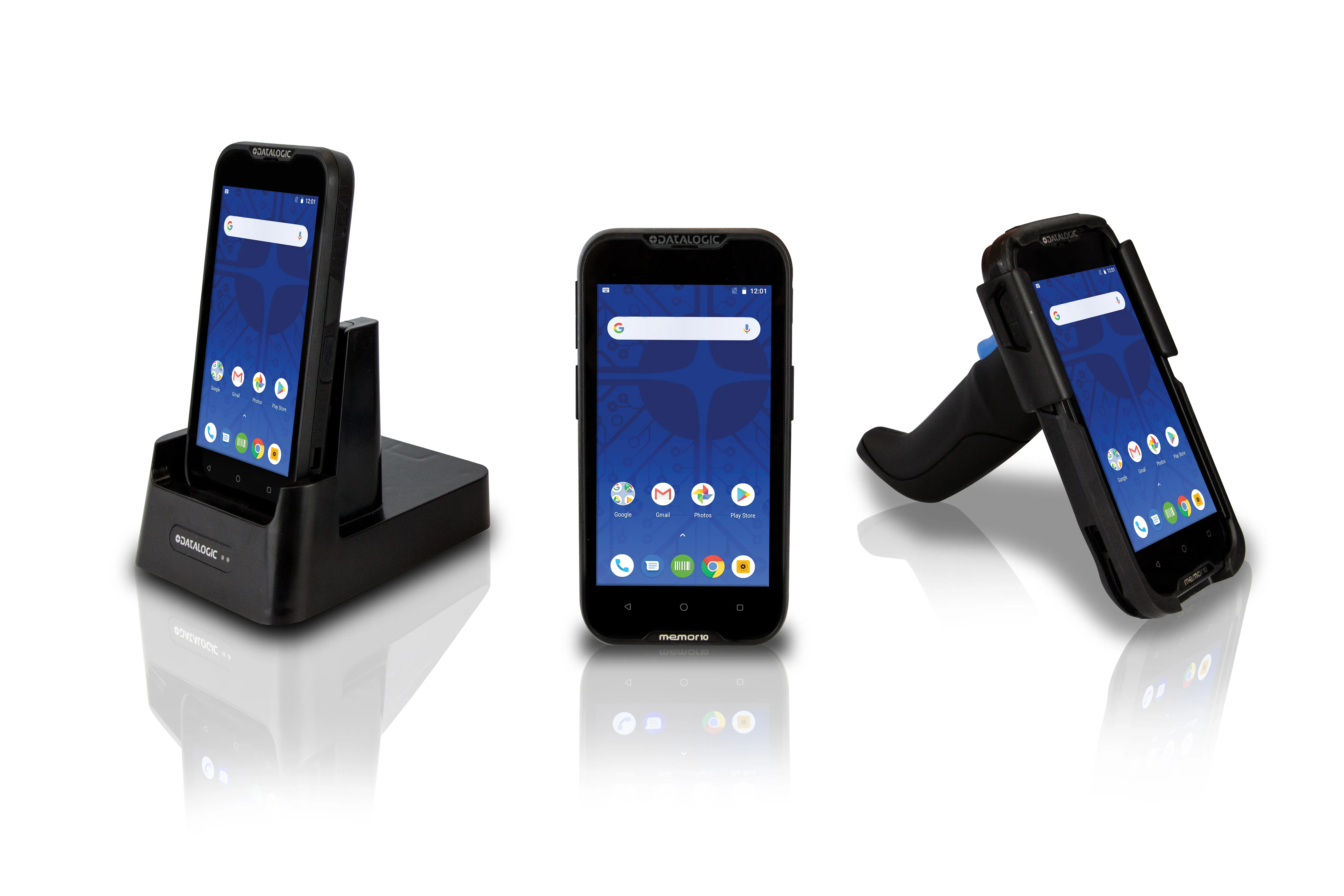 Tre Datalogic Memor, en i docka, en utan och en med pistolgrepp.