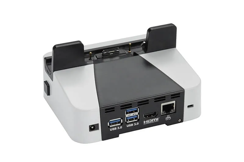USB, HDMI, Ethernet och strömkontakt på baksidan av en vit dockningsstation till aegex 10 tablet